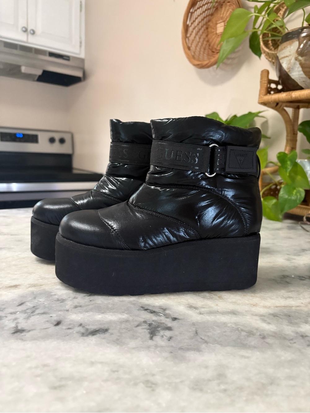 GUESS Black Platform Puffer Ankle Boots